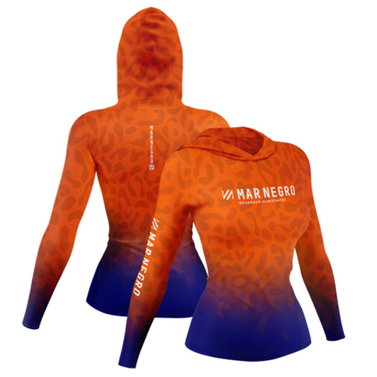 Camiseta Mar Negro Feminina X-Protection Sublimada com Capuz Onça Laranja (+50UV)