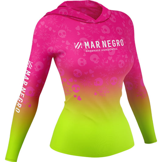 Camiseta Mar Negro Feminina X-Protection Sublimada com Capuz Caveira (+50UV)