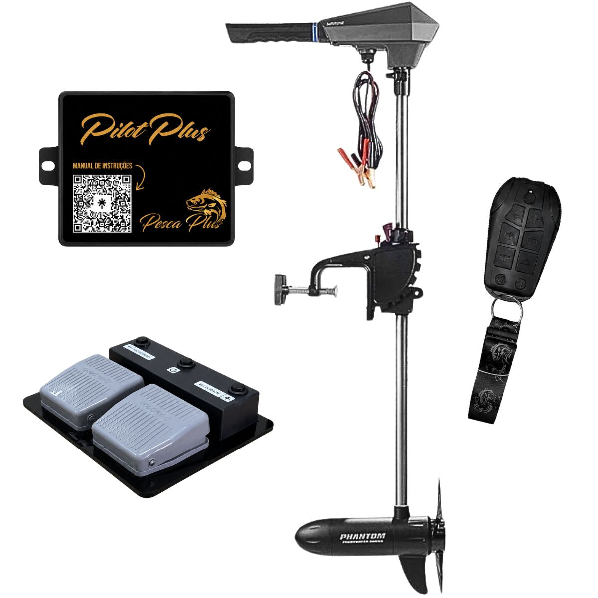 Kit Motor Elétrico Marine Phantom 34lb Não Digital Água Doce + Pedal Sem Fio Pilot Plus C/ Controle