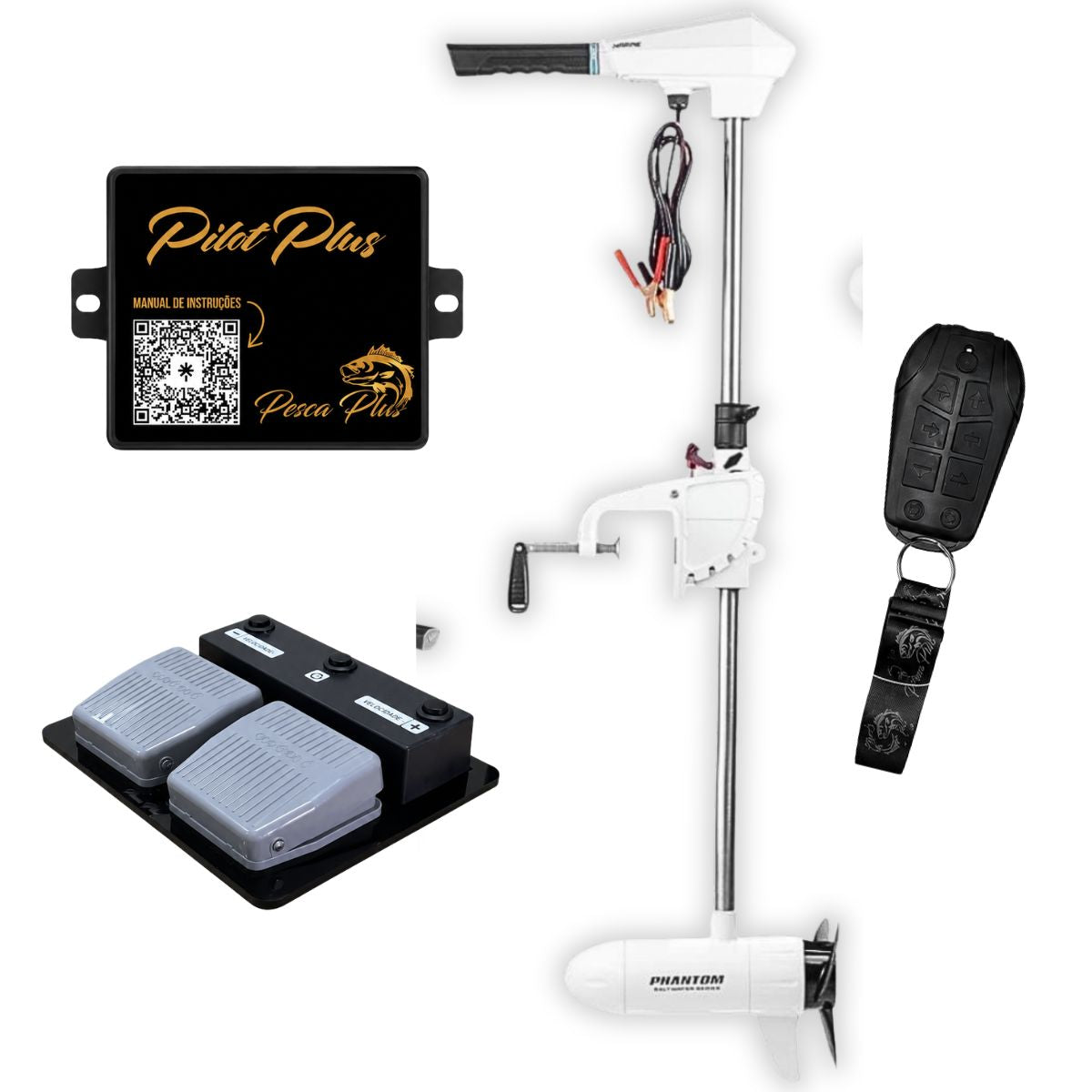 Kit Motor Elétrico Marine Phantom 54lb Digital Água Salgada + Pedal Sem Fio Pilot Plus C/ Controle